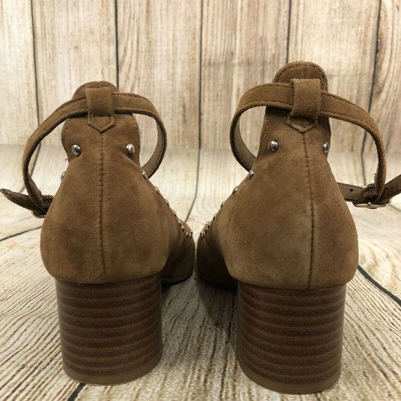 Montana Artisan Crafted Block Heels Sz 6.5 Brown Suede Studs Ankle Strap Comfort - Picture 3 of 9